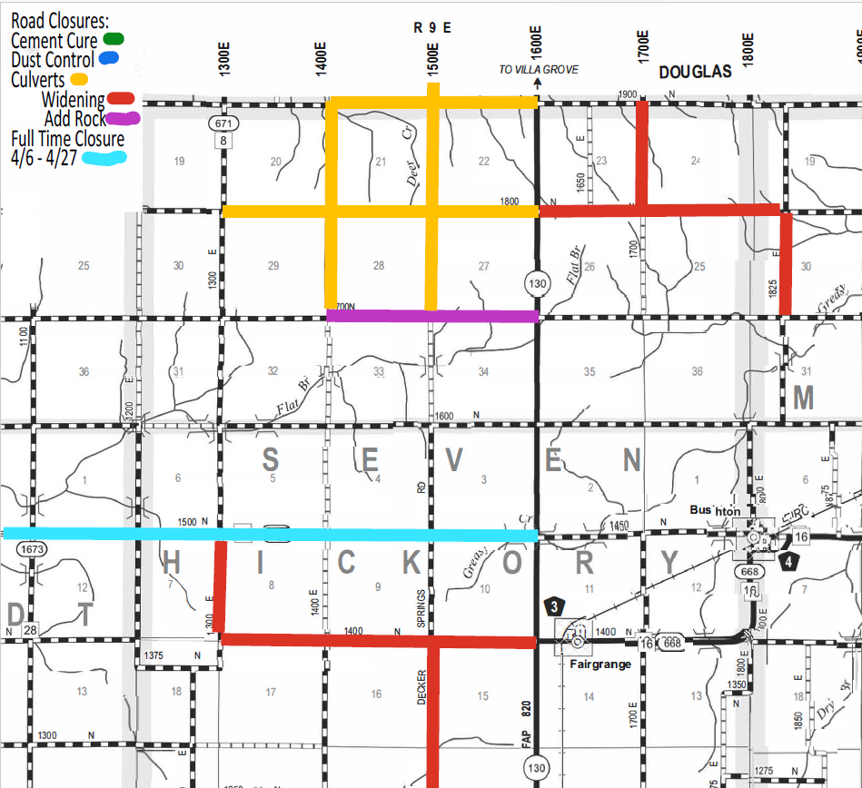 Map showing road closures and work zones in parts of Douglas, Hickory, and Seven regions with color-coded legend: green for cement cure, blue for dust control, yellow for culverts, red for widening, purple for adding rock, and light blue for full-time closure from April 6 to April 27. Roads are marked with numbers and major routes like 130 and 671 are visible.