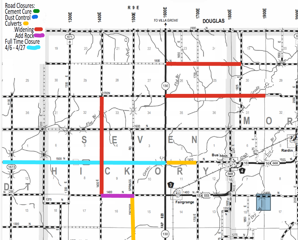 Map showing road closures in Hickory, Seven, and Douglas counties with a legend indicating types of closures: green for cement cure, blue for dust control, yellow for culverts, red for widening, purple for adding rock, and light blue for full time closure from April 6 to 27. Roads marked in red indicate widening projects on 1700N and 1800E. A vertical red road closure is on 1400E from 1500N going south. Purple marks on Decked Springs Rd show roadwork adding rock. Yellow segments for culverts appear on 1450N and 1700E. The light blue horizontal line marks full closure on 1500N from 1300E to 2000E. The area includes place names Buston, Fairgrange, and Rardin, with highways 130 and 668 labeled.
