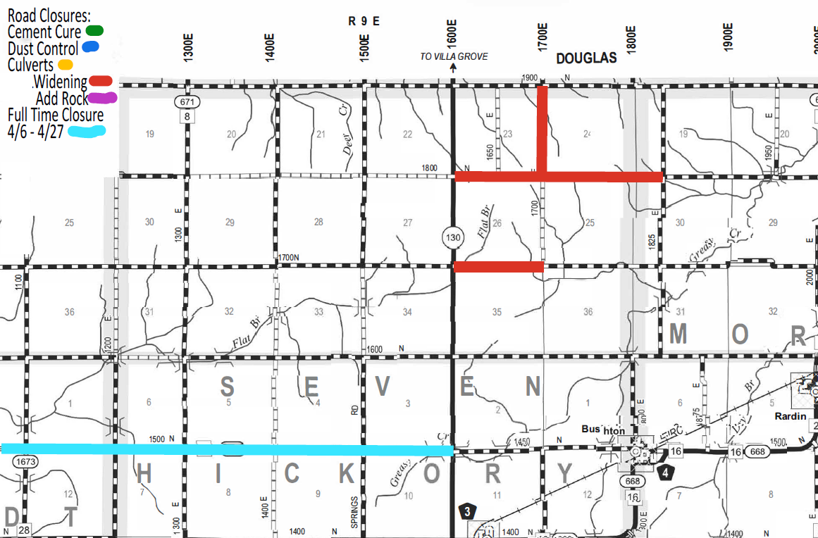 Map showing road closures in an area labeled Douglas and Hickory. Roads with different closures are marked in colors: green for Cement Cure, blue for Dust Control, orange for Culverts, red for Widening, purple for Add Rock, and light blue for Full Time Closure from 4/6 to 4/27. Red lines highlight two major road sections closed for widening around 1700E, and light blue line marks a full-time closure along a horizontal road near the bottom.