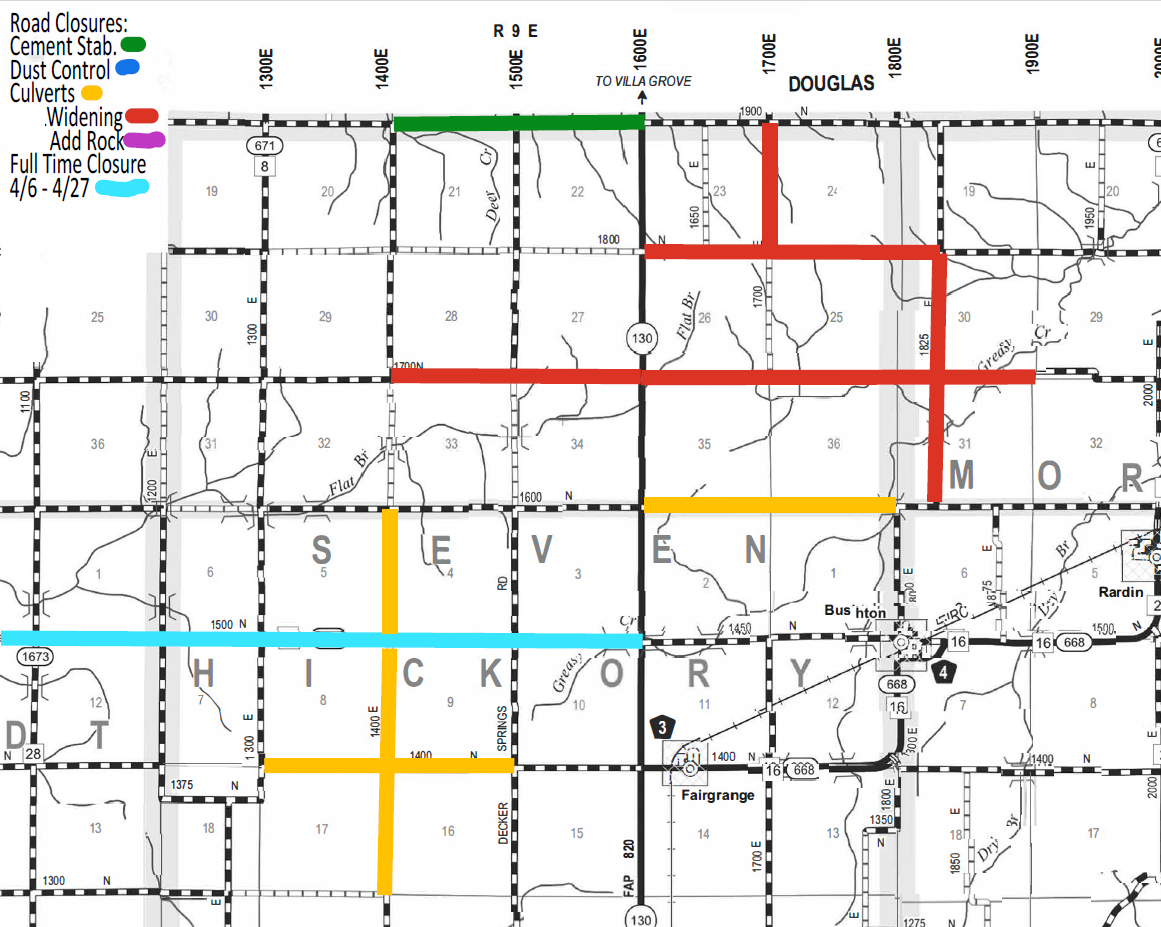 Map showing road closures in a region with color-coded markings: green for cement stabilization, blue for dust control, yellow for culverts, red for widening, purple for adding rock, and light blue for full-time closure from April 6 to April 27. The map includes labeled roads, grid lines with coordinates, and names such as Douglas and Hickory. Major road closures are highlighted with thick colored lines matching the legend. The map also indicates routes and small town names like Fairgrange and Rardin.