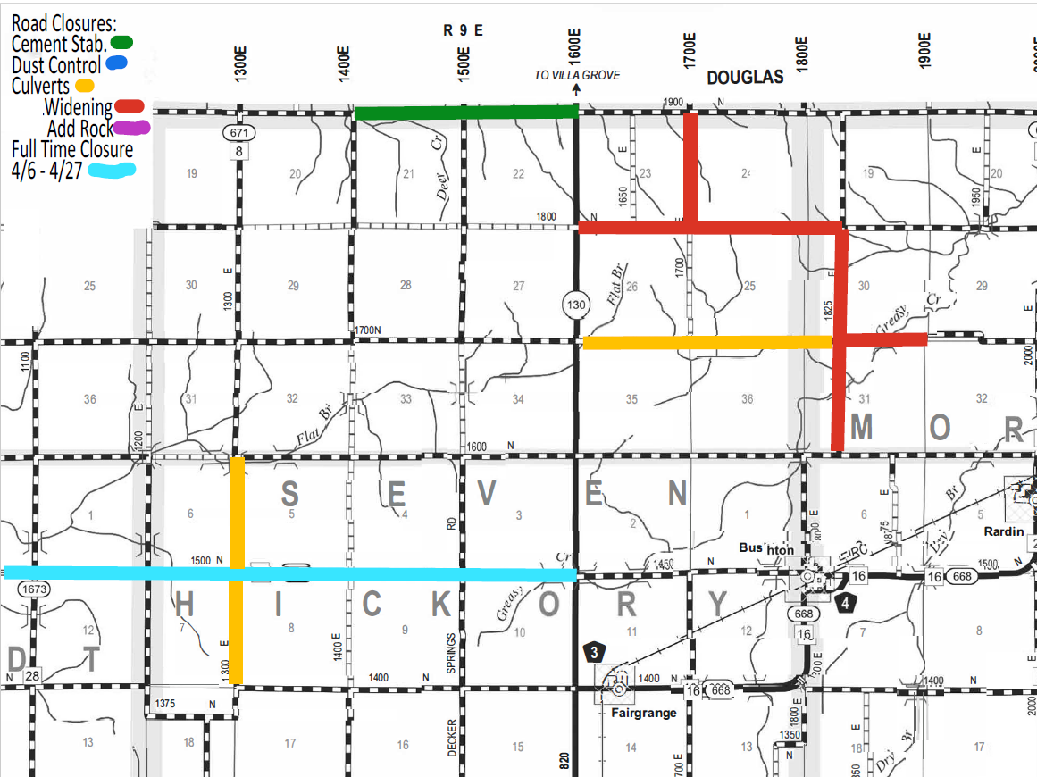Map showing road closures and control measures in a grid layout with labels for Douglas, Seven Hickory, and Mor areas. Legend indicates green for cement stabilization, blue for dust control, orange for culverts, red for widening, pink for adding rock, and light blue for full-time closure from April 6 to 27. Roads marked with these colors display corresponding closures or work zones, including road numbers and labels like 1300E, 1500E, and route numbers 130, 16, 668.