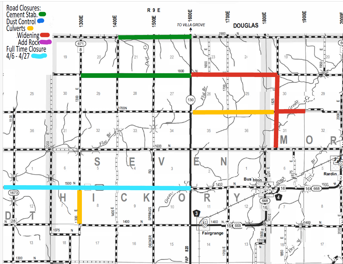 Road closure map indicating various closures and controls in a geographical area. Cement stabilization areas are marked in green, dust control areas in blue, culverts in yellow, widening areas in red, and rock addition areas in pink. Full-time closure from April 6 to April 27 is marked in light blue. The map features labeled roads and sections with coordinates and town names like Douglas, Hickory, and others. Key routes include R 9 E and 1300E with directional notes, showing detailed planning for road work and traffic management.