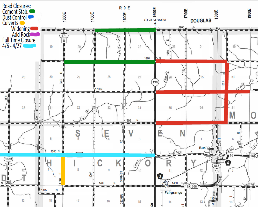 Map showing road closures in Seven Hickory, Douglas, and nearby areas with color-coded lines: green for cement stabilization, blue for dust control, orange for culverts, red for widening, purple for adding rock, and light blue for full-time closures from April 6 to April 27. Roads are marked with grid lines and labeled with numbers and street names such as 1300E, 1400E, 1500E, 1600E, 1700E, 1800E, 1900E, and 1500N.