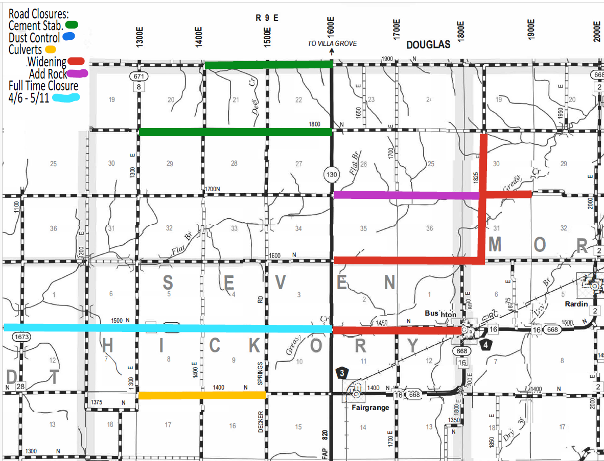 Map showing road closures and construction zones in an area including Seven Hickory and Douglas. Legend indicates closures for Cement Stabilization (green), Dust Control (blue), Culverts (orange), Widening (red), Add Rock (purple), and Full Time Closure from 4/6 to 5/11 (light blue). Roads are marked with numbers and boundaries, with labeled towns Fairgrange, Bushton, and Rardin visible.