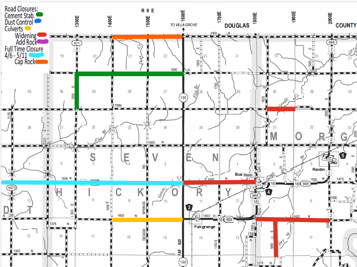 Map showing road closures in Seven Hickory and Morgan County areas with a legend indicating road closure types by color: green for cement stabilizing, blue for dust control, yellow for culverts, red for widening, purple for adding rock, light blue for full-time closure from 4/6 to 5/11, and orange for cap rock. Various roads and landmarks, including Fairgrange and Bushton, are marked with colored lines representing specific closures or work zones.