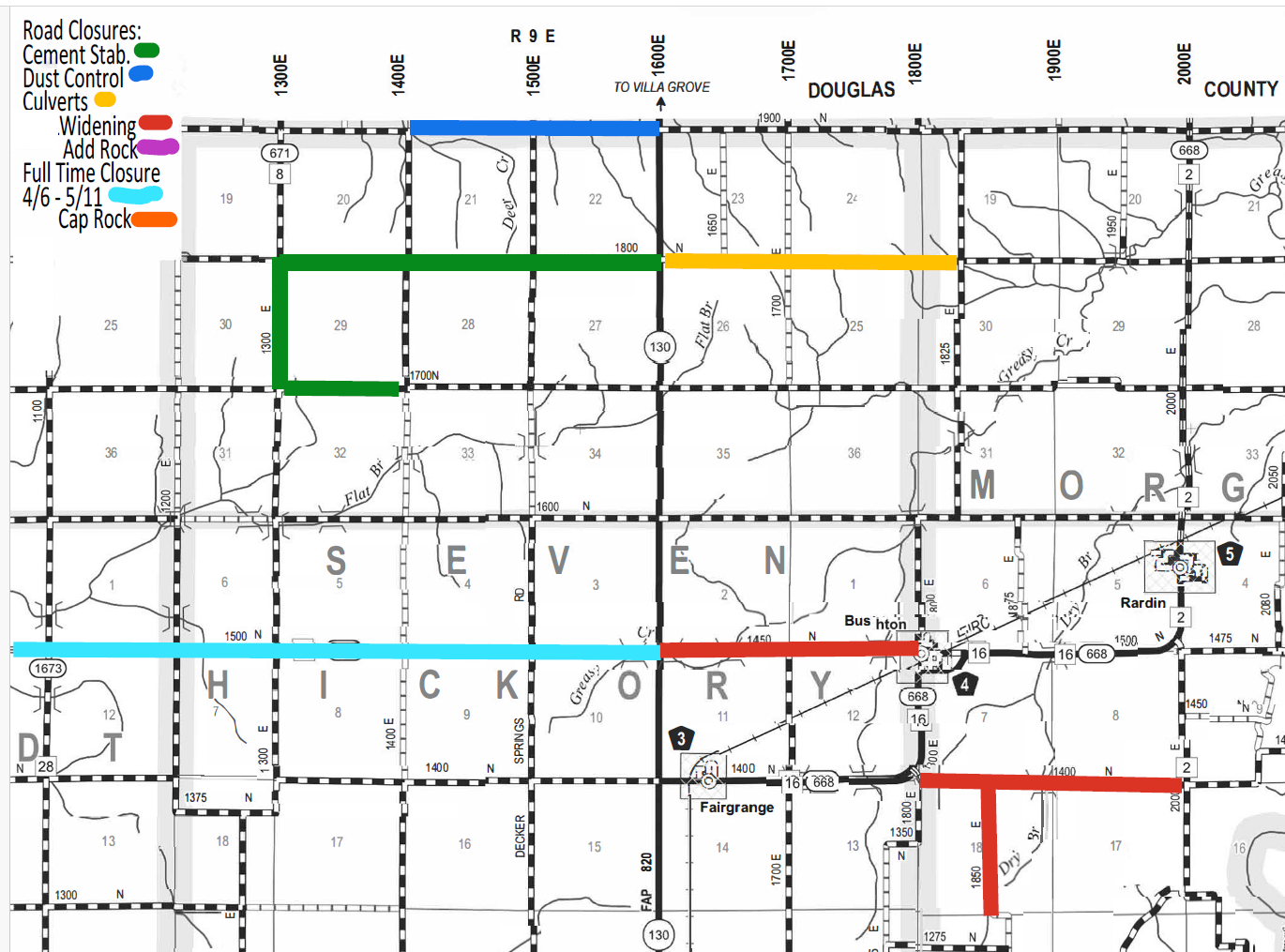 Map showing road closures with color-coded lines: green for cement stabilization, blue for dust control, yellow for culverts, red for widening, magenta for adding rock, cyan for full-time closure from 4/6 to 5/11, and orange for cap rock. The map covers parts of Douglas, Seven Hickory, and Morgan areas with numbered grid sections and labeled roads such as 1300E, 1400E, 1500E, 1600E, 1700E, 1800E, 1900E, and 2000E.