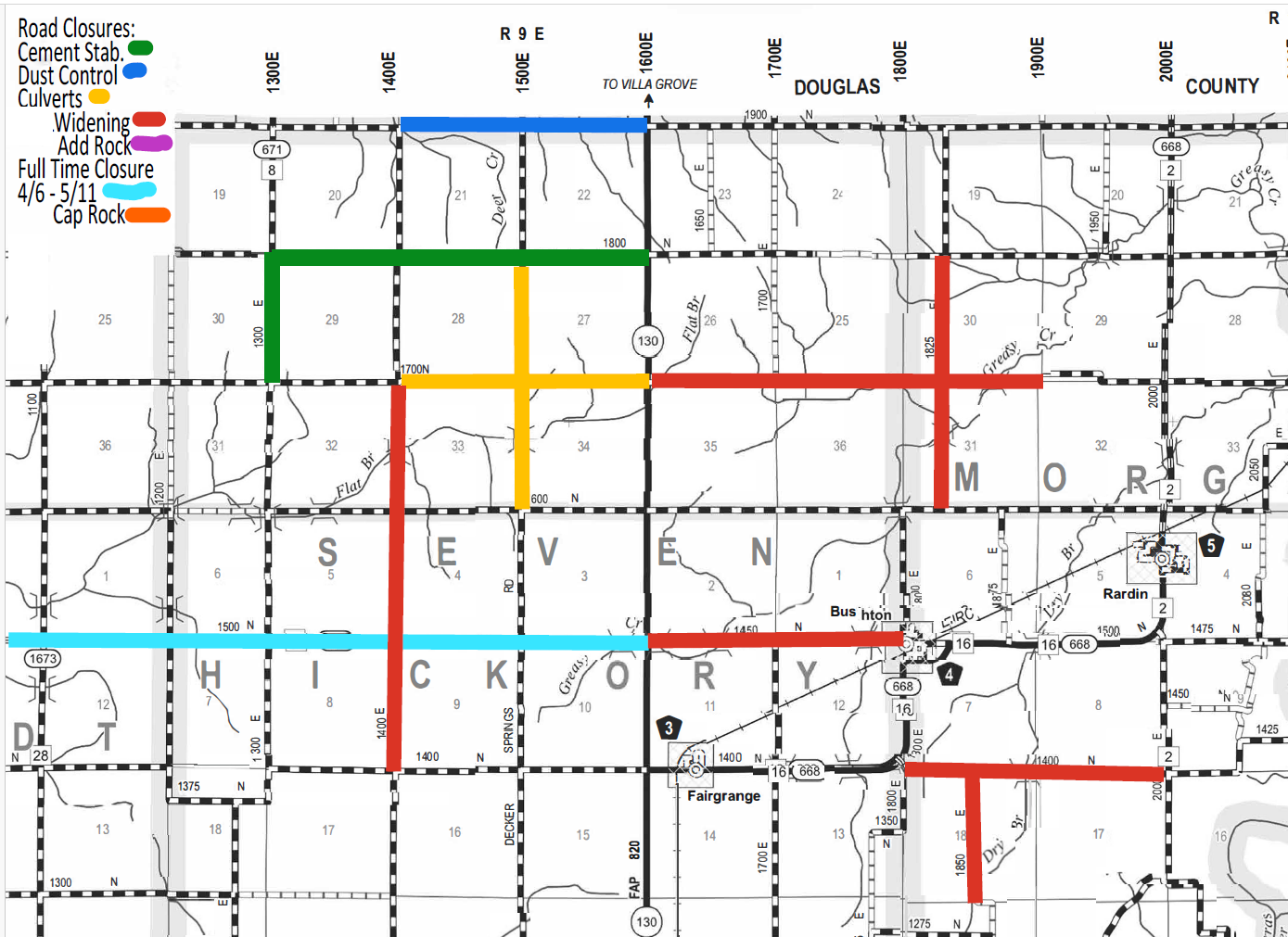 Map showing road closures and construction activities in a rural grid area labeled with sections and roads. Legend indicates colors for Cement Stabilization (green), Dust Control (blue), Culverts (yellow), Widening (red), Add Rock (purple), Full Time Closure 4/6-5/11 (light blue), and Cap Rock (orange). Roads marked with red lines indicate widening; green line shows cement stabilization; blue lines indicate dust control; yellow lines mark culverts; light blue line shows full-time closure; and orange line marks cap rock. Towns labeled include Bushton, Fairgrange, and Rardin within counties Douglas and Morgan.