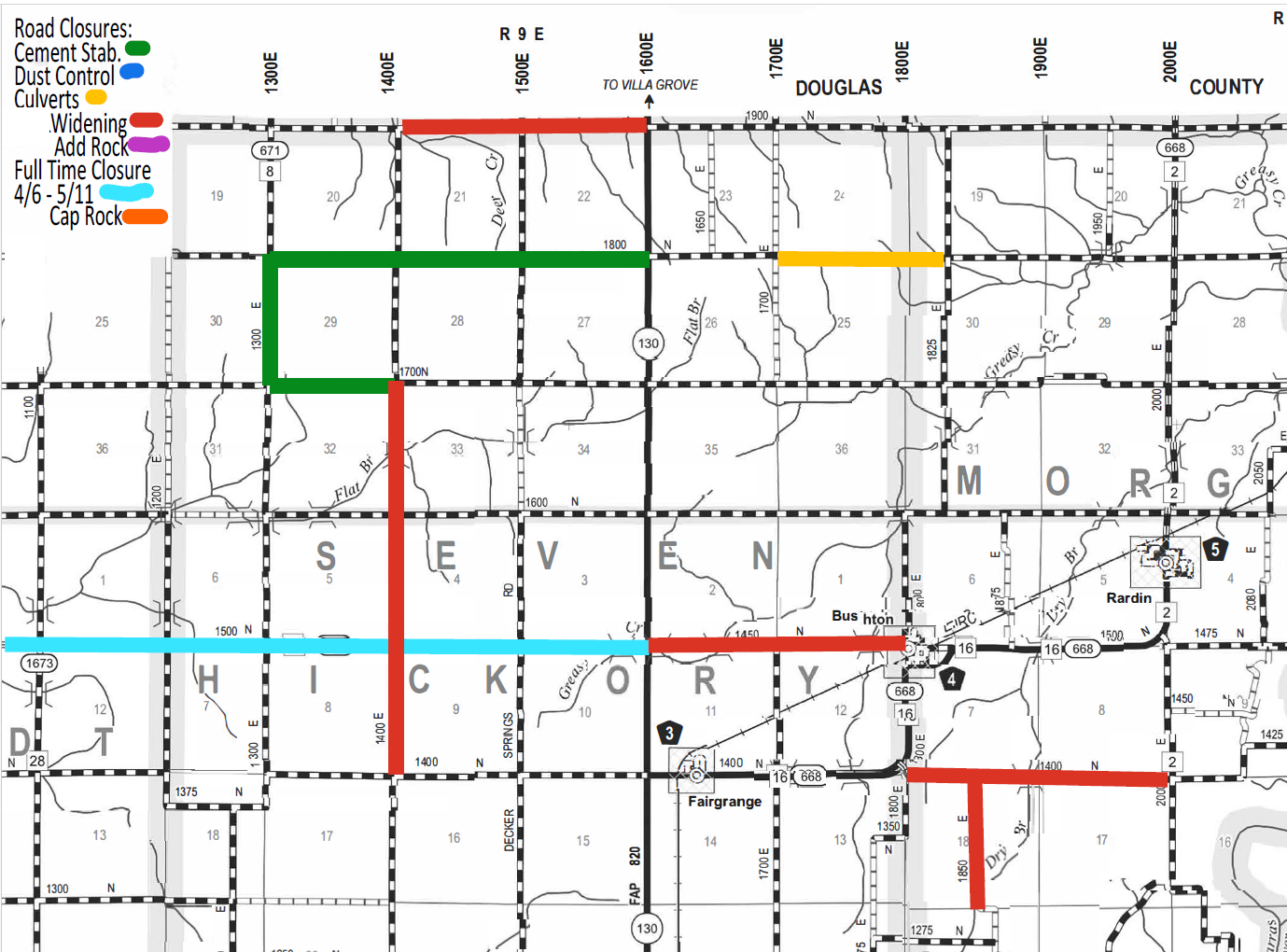 Map showing road closures and maintenance in several grid sections with legend: green line for cement stabilization, blue for dust control, yellow for culverts, red for widening, purple for adding rock, light blue for full-time closure from 4/6 to 5/11, and orange for cap rock. Roads and county names Douglas and Morgan are labeled, along with route numbers and town names Bushton, Rardin, and Fairgrange.