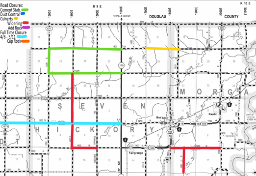 A map showing roads in Douglas and County areas with colored lines indicating various road conditions: green lines for cement stabilization, a yellow line for dust control, red lines for full-time closures on 4/6-5/11, and a blue line for widening. The map includes labels for towns such as Fairgrange and Rardin, road numbers, grid lines, and a legend explaining the color codes.