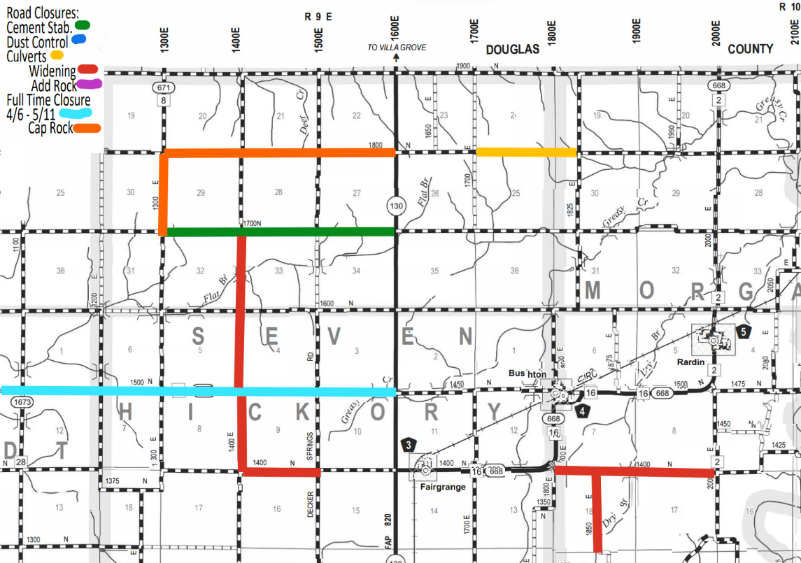 Map showing road closures and repairs in SEV and MORGAN areas of Hickory County, with roads marked by different colors indicating types of work: green for cement stabilization, blue for dust control, yellow for culverts, red for widening, pink for adding rock, light blue for full-time closure from 4/6 to 5/11, and orange for cap rock. Key roads include 1400N, 1500N, 1300E, and Highway 130.