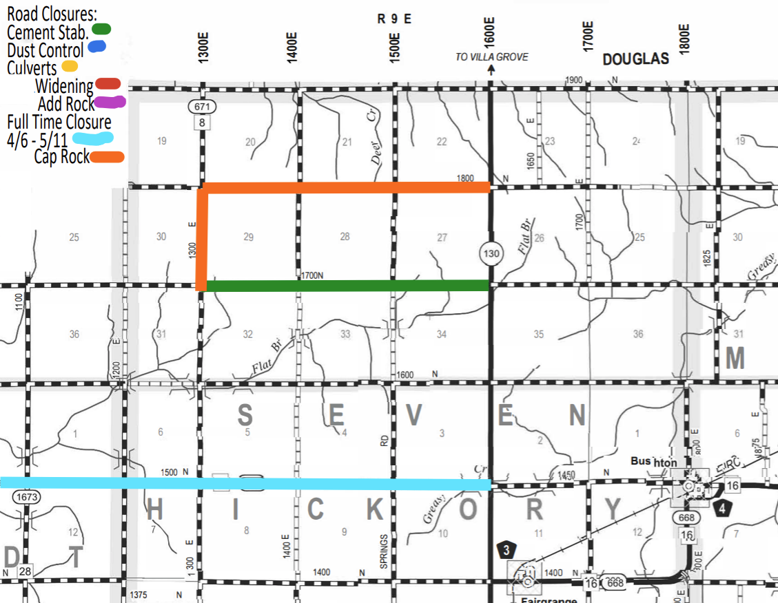 Map showing road closures and work zones with color-coded lines and a legend: Green for Cement Stab., Blue for Dust Control, Yellow for Culverts, Red for Widening, Purple for Add Rock, Light Blue for Full Time Closure 4/6 - 5/11, and Orange for Cap Rock. The map includes labeled roads and grid lines with numbers indicating sections and roads in areas named Douglas, Steven, Hickory, and sections marked with letters and road numbers.