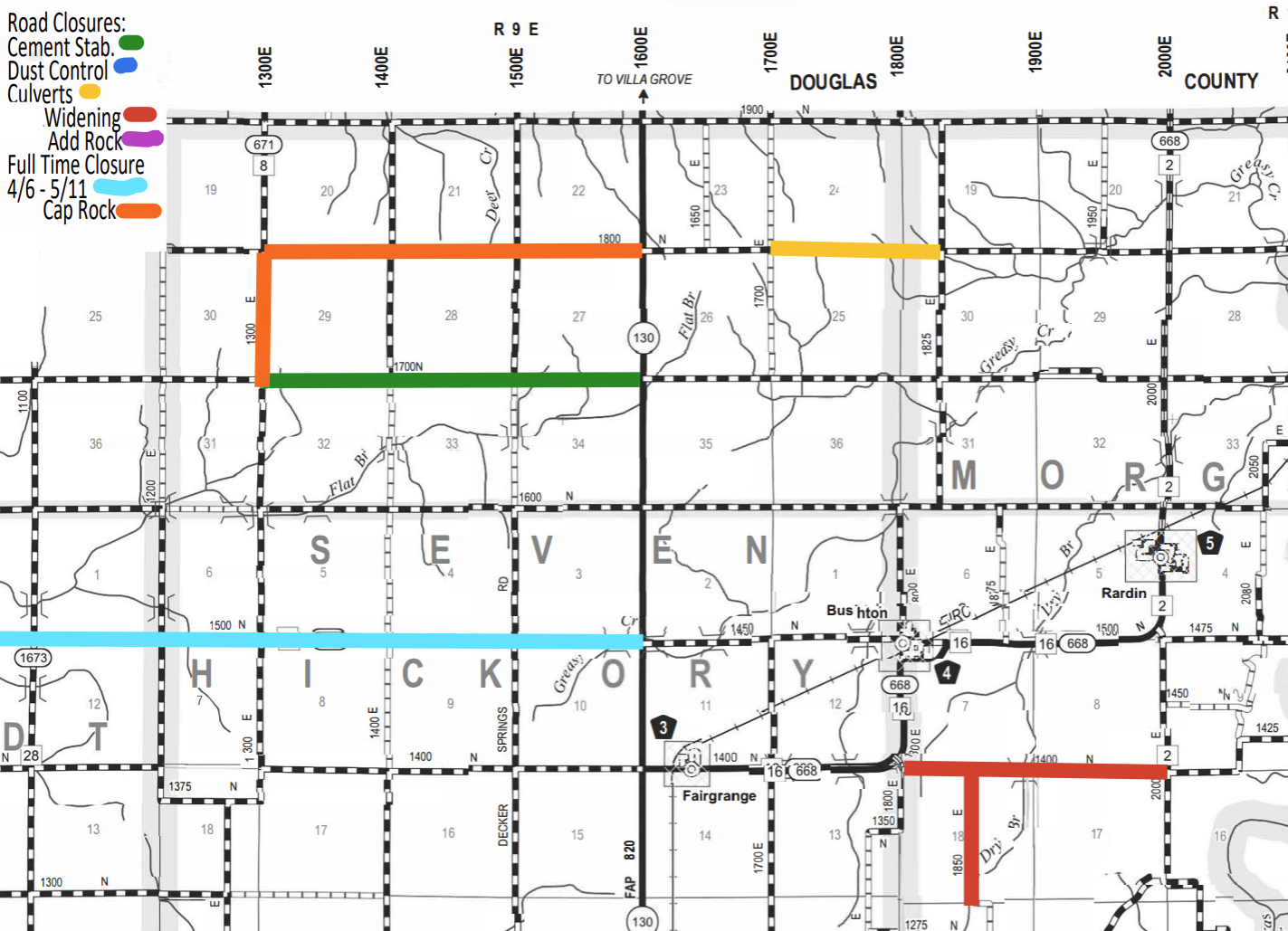 Map showing road closures and maintenance in an area covering parts of Douglas, Seven Hickory, and Morgan counties with color-coded legend: green for Cement Stabilization, blue for Dust Control, yellow for Culverts, red for Widening, purple for Add Rock, light blue for Full Time Closure from April 6 to May 11, and orange for Cap Rock. Roads are marked with grid numbers and highway symbols, showing the locations of roadwork with corresponding colors on specific road sections.