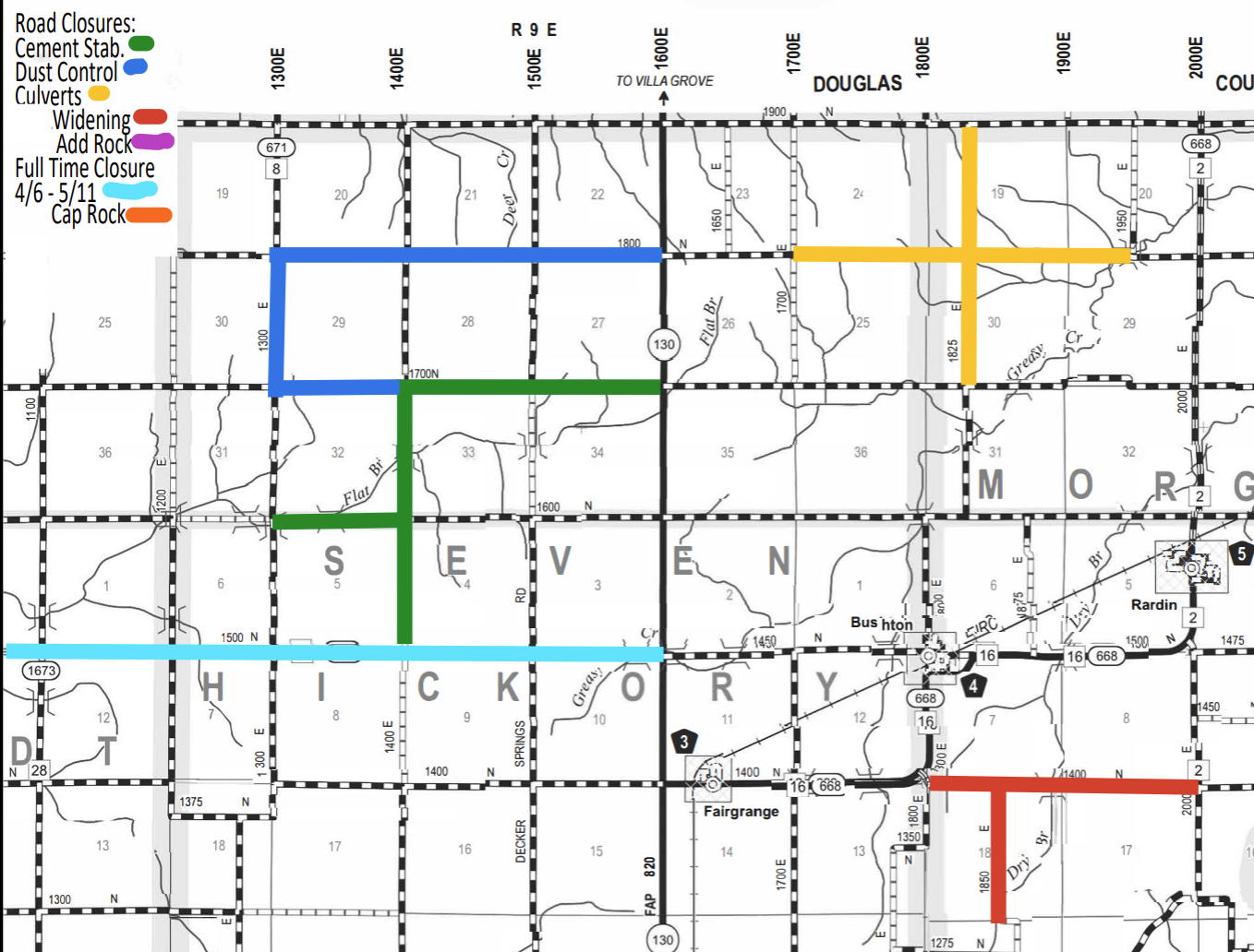 Map showing road closures and construction zones in parts of Seven Hickory and Morgan counties, with colored lines indicating different types of road work: green for cement stabilization, blue for dust control, yellow for culverts, red for widening, purple for adding rock, light blue for full-time closure from 4/6 to 5/11, and orange for cap rock. Roads are marked with grid coordinates and highways including 130 and 668 are labeled.