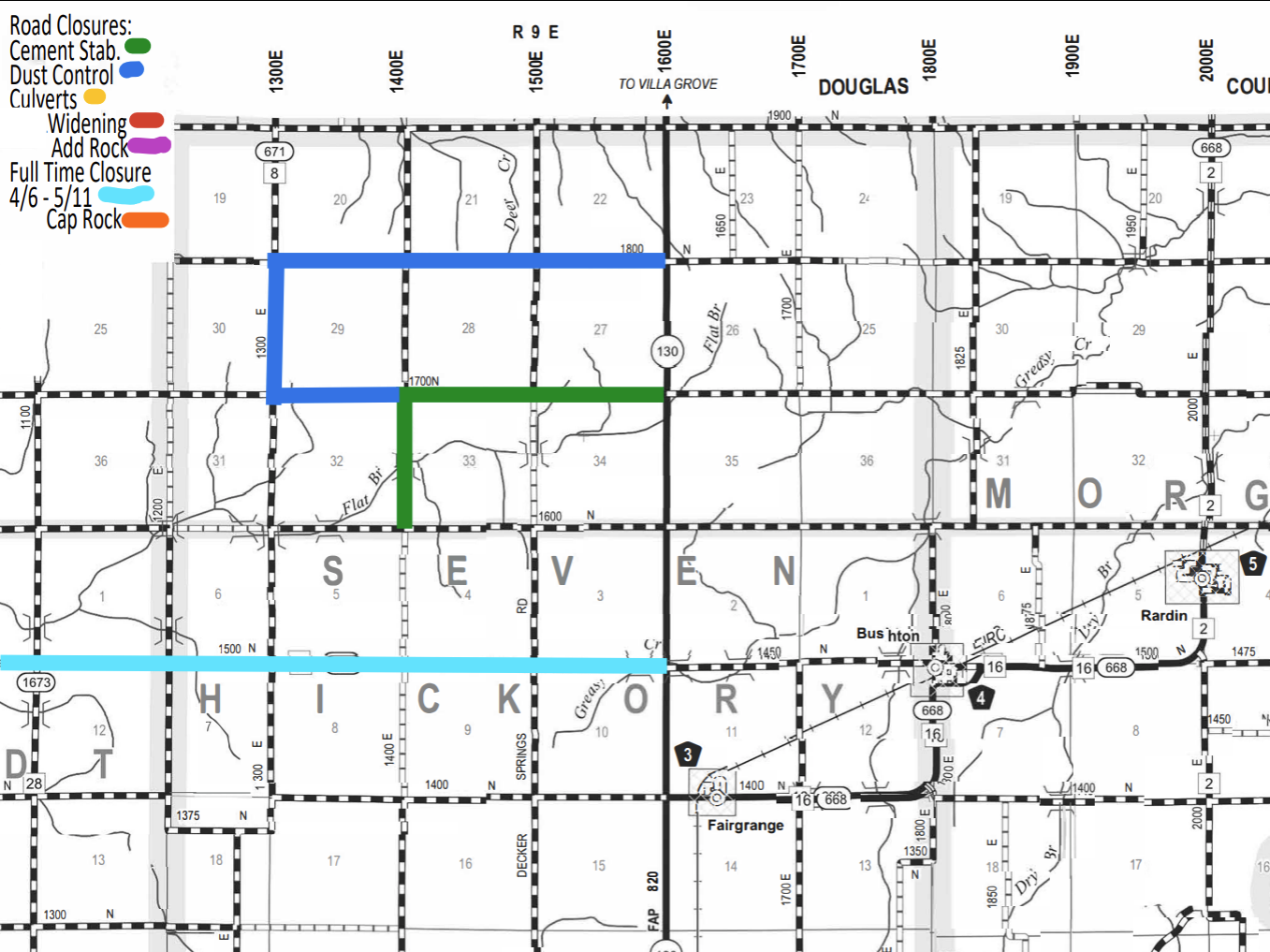 Map showing road closures in a grid layout with labeled areas SEVEN, HICKORY, MORGAN, and towns Bushton, Rardin, and Fairgrange; closures are color-coded as green for cement stabilization, blue for dust control, yellow for culverts, red for widening, purple for adding rock, light blue for full-time closure from 4/6 to 5/11, and orange for cap rock; colored lines highlight specific road sections under these categories.