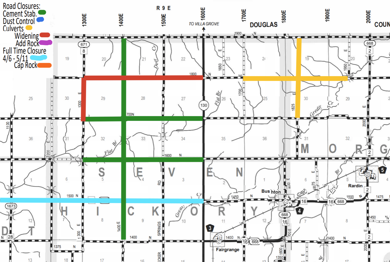 Map showing road closures with a legend indicating types: green for cement stabilization, blue for dust control, yellow for culverts, red for widening, purple for adding rock, light blue for full-time closure from April 6 to May 11, and orange for cap rock. The map includes labeled roads and towns like Douglas, Hickory, and Morgan, with highlighted sections corresponding to these closure types.