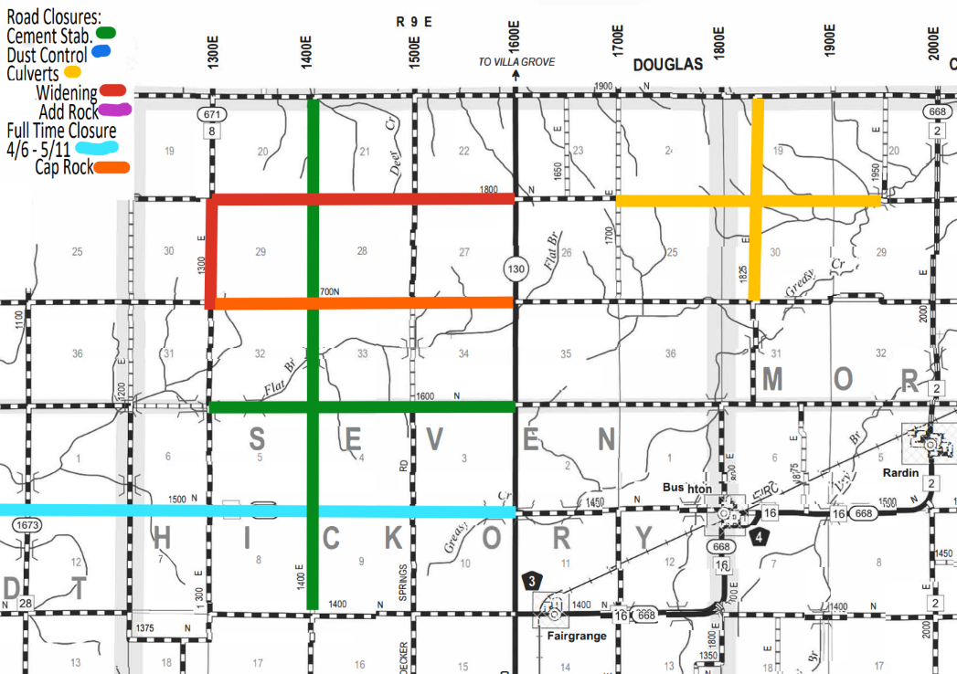 Map showing road closures and types of road work in Seven Hickory and Douglas areas, with color-coded lines representing Cement Stabilization (green), Dust Control (blue), Culverts (yellow), Widening (red), Add Rock (purple), Full Time Closure April 6 to May 11 (cyan), and Cap Rock (orange). Major roads and grid lines are labeled with coordinates and road numbers, including highways 130, 168, and 668.