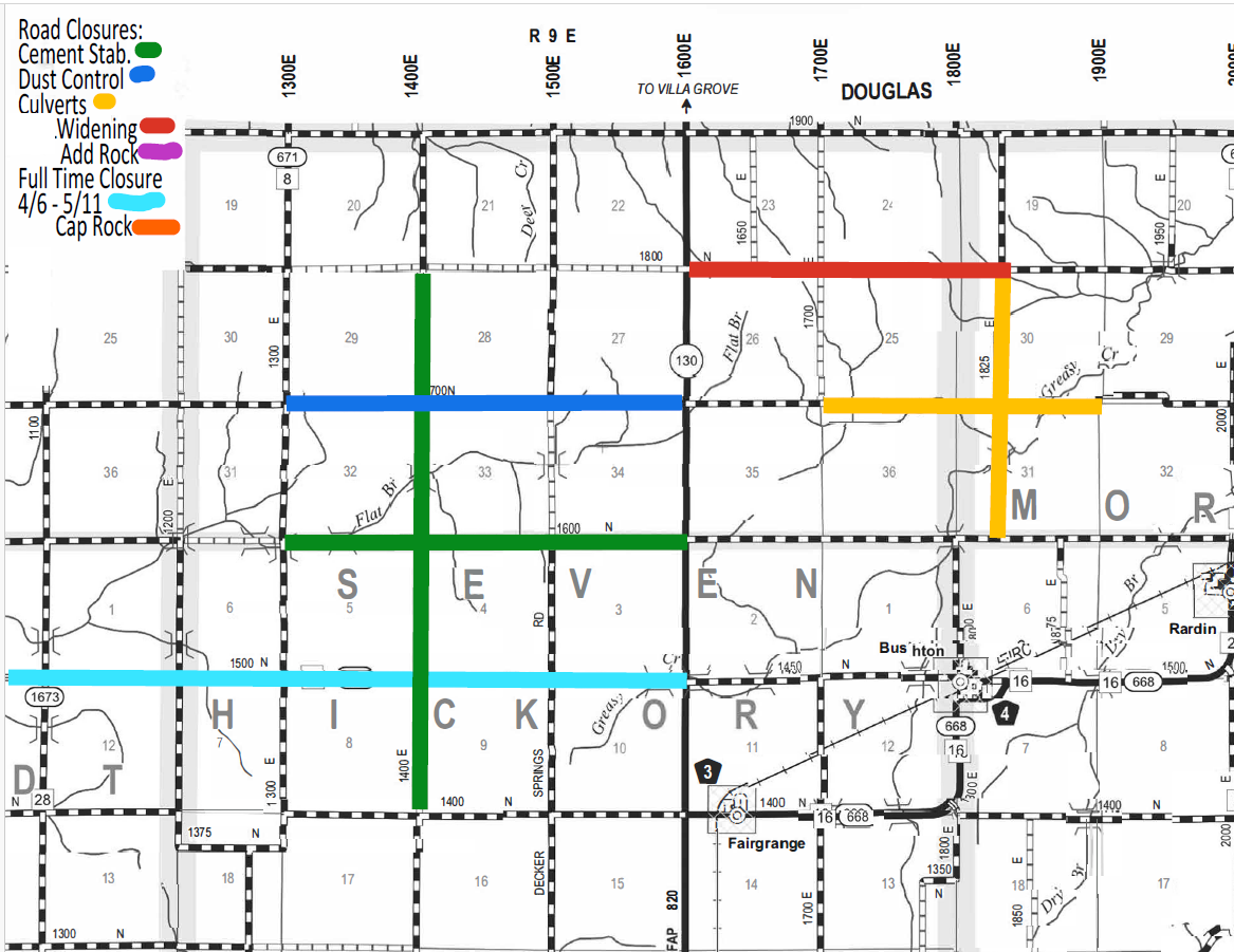 Map showing road closures in a grid layout with colored lines indicating different types of work: green for cement stabilization, blue for dust control, yellow for culverts, red for widening, purple for adding rock, light blue for full-time closure from 4/6 to 5/11, and orange for cap rock, over a region labeled SEVEN HICKORY and MORRIS.