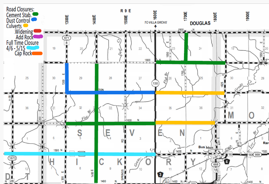 Map showing road closures and work zones in parts of Douglas, Seven, and Hickory counties with color-coded lines: green for cement stabilization, blue for dust control, yellow for culverts, red for widening, purple for add rock, light blue for full-time closure from 4/6 to 5/15, and orange for Cap Rock. Roads are marked with grid coordinates and county names with major roads and highways indicated.