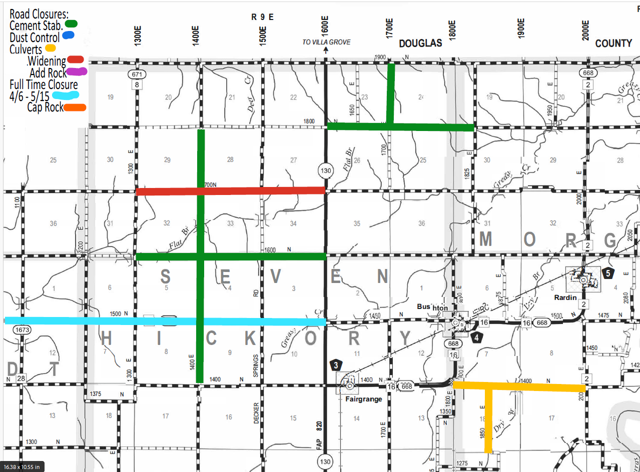 Map showing road closures and construction types in an area spanning Douglas County and seven townships including Hickory and Morgan, with color-coded markings for cement stabilization (green), dust control (blue), culverts (yellow), widening (purple), full-time closure from April 6 to May 15 (light blue), and cap rock (orange), alongside roads and grid lines labeled with coordinates and numbers.