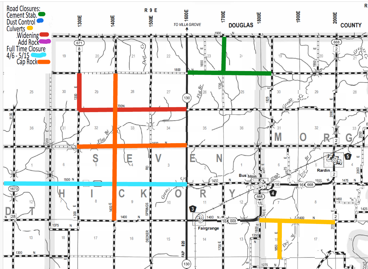 Map of road closures in Douglas County with color-coded lines indicating types of work: green for cement stabilization, blue for dust control, yellow for culverts, purple for widening and adding rock, light blue for full-time closure from 4/6 to 5/15, and orange for cap rock. The map shows numbered sections, major roads, highways 130 and 668, and towns including Fairgrange and Rardin.