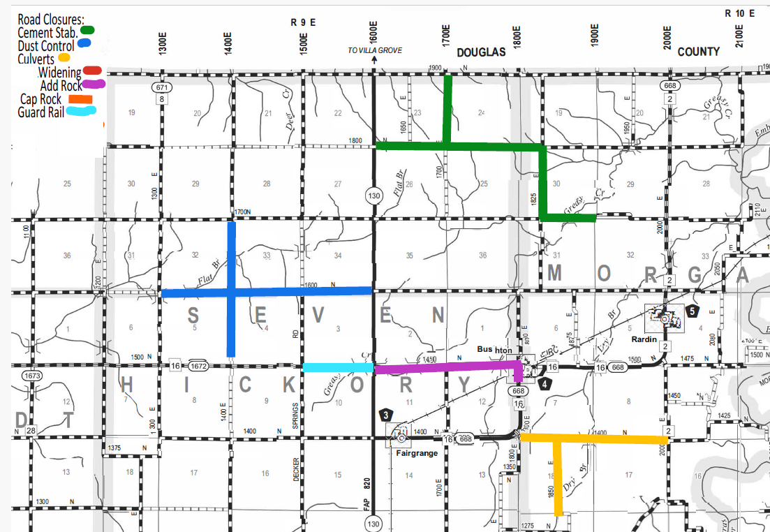 Map showing road closures in part of Douglas County with roads marked by color coding: green for cement stabilization, blue for dust control, yellow for culverts, red for widening, pink for adding rock, orange for cap rock, and light blue for guard rail. Roads form a grid labeled with numbers and section names including SEVEN, MORG, and HICKORY. Major roads have route numbers like 668 and 16.