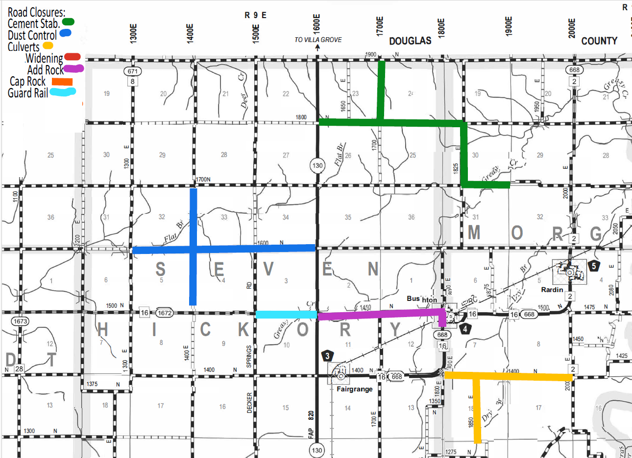 Map showing road closures with color-coded markings for cement stabilization in green, dust control in blue, culverts in orange, widening in red, add rock in purple, cap rock in orange, and guard rail in light blue, over an area including Douglas and Morgan County, featuring town names like Fairgrange, Bushton, and Rardin, along with numbered highways and roads.
