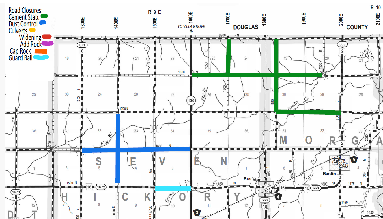 Map showing road closures and treatments in parts of Douglas, County, Seven, Morgan, Hickory, and adjoining areas, with color-coded lines representing cement stabilization (green), dust control (blue), culverts (yellow), widening (red), add rock (purple), cap rock (orange), and guard rail (light blue). Roads are labeled with numbers, township and range lines, and highways 130, 16, 668, and 2 are marked. Towns named Bustin and Rardin appear near the bottom of the map.