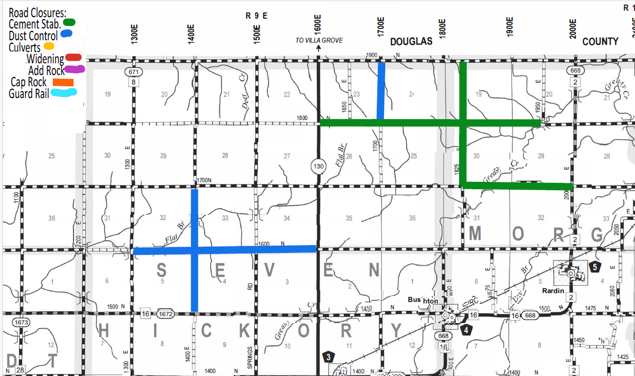 Map showing road closures with a legend: Cement Stabilization in green, Dust Control in blue, Culverts in orange, Widening in red, Add Rock in pink, Cap Rock in dark orange, Guard Rail in light blue. The map covers areas labeled Douglas and Morgan counties with roads highlighted according to the closure types using the colors from the legend.