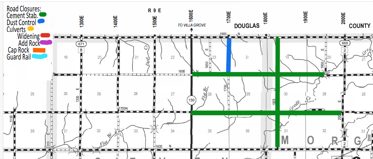 Map showing road closures in Douglas County with a legend indicating colors for Cement Stabilization in green, Dust Control in blue, Culverts in yellow, Widening in red, Add Rock in purple, Cap Rock in orange, and Guard Rail in light blue. Green lines highlight cement stabilization on certain roads, and a single blue line shows a section under dust control. Roads are labeled with numbers and directions, and major roads include 1300E, 1400E, 1500E, 1600E, 1700E, 1800E, 1900E, and 2000E.
