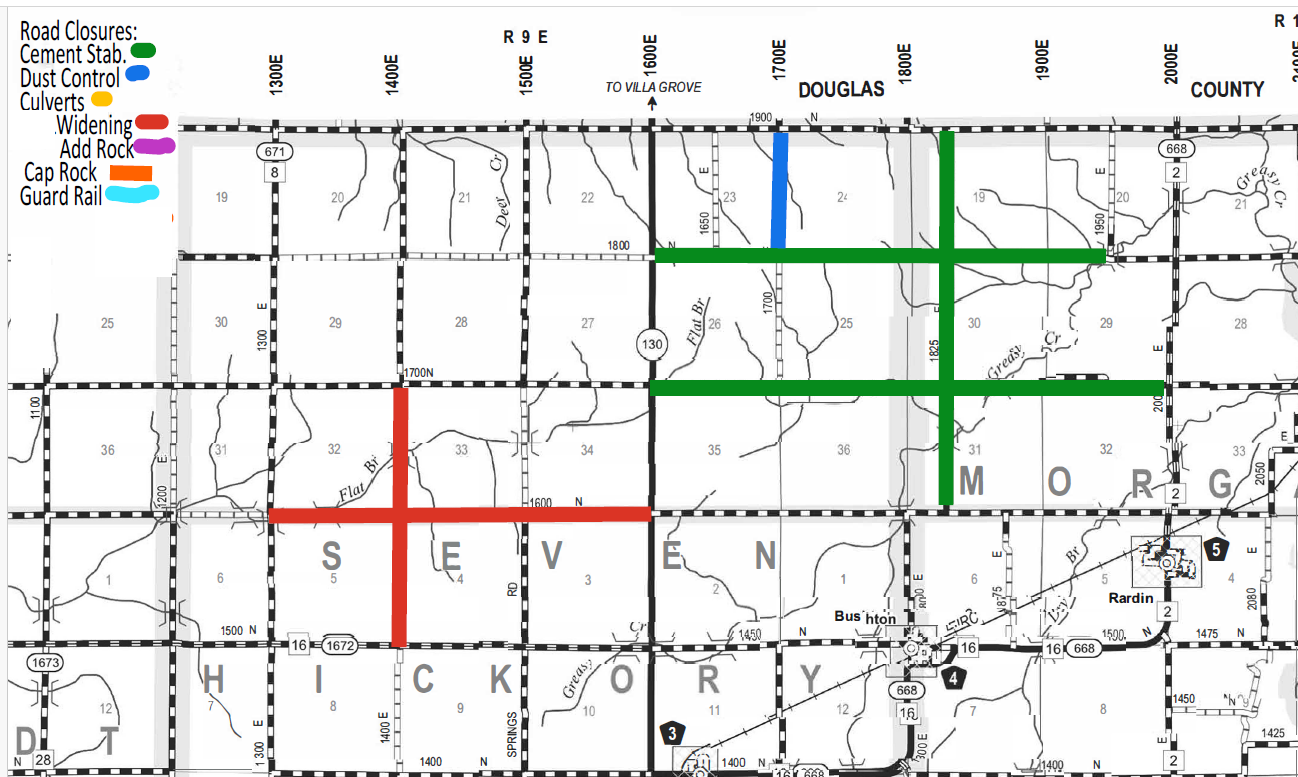 Map segment showing road closures and construction work in Douglas, Morgan, and part of Hickory counties with color-coded legend for Cement Stabilization (green), Dust Control (blue), Culverts (yellow), Widening (red), Add Rock (purple), Cap Rock (orange), and Guard Rail (light blue). Road closures marked with thick colored lines along numbered roads and highways between 1300E and 2000E, and 1400N to 1700N, including towns Bushton and Rardin.