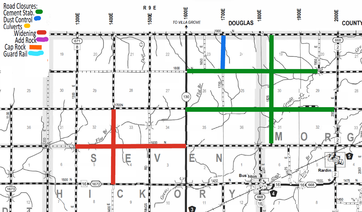 Map showing road closures and treatments in a region with a legend indicating colored lines and dots for Cement Stabilization (green lines), Dust Control (blue lines), Culverts (yellow dots), Widening (red lines), Add Rock (pink line), Cap Rock (orange lines), and Guard Rail (light blue line). Roads are labeled with numbers and directional markers, including towns or areas like Douglas, Morgan, and Hickory. Major roads are highlighted with treatments applied as per the legend.