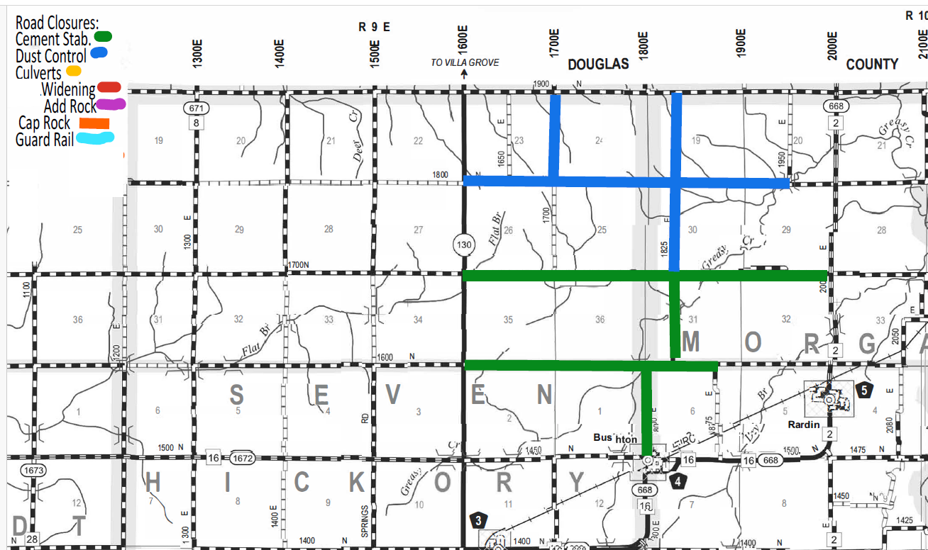 Map of Douglas County showing roads marked with different colors indicating road closures and maintenance types: green for cement stabilization, blue for dust control, yellow for culverts, red for widening, purple for adding rock, orange for cap rock, and light blue for guard rail.