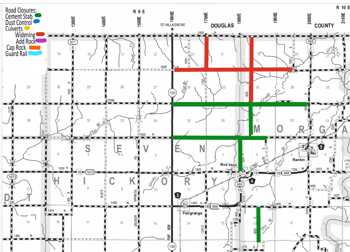 Road map of parts of Douglas, Morgan, and Hickory counties showing road closures and maintenance areas marked with color-coded lines: green for cement stabilization, blue for dust control, orange dots for culverts, red for widening, purple for add rock, orange for cap rock, and light blue for guard rail. Major roads and routes are labeled with numbers and grid coordinates, with towns labeled including Hicory, Fairgrange, Buston, and Rardin. The legend explains the color codes for the types of road work.