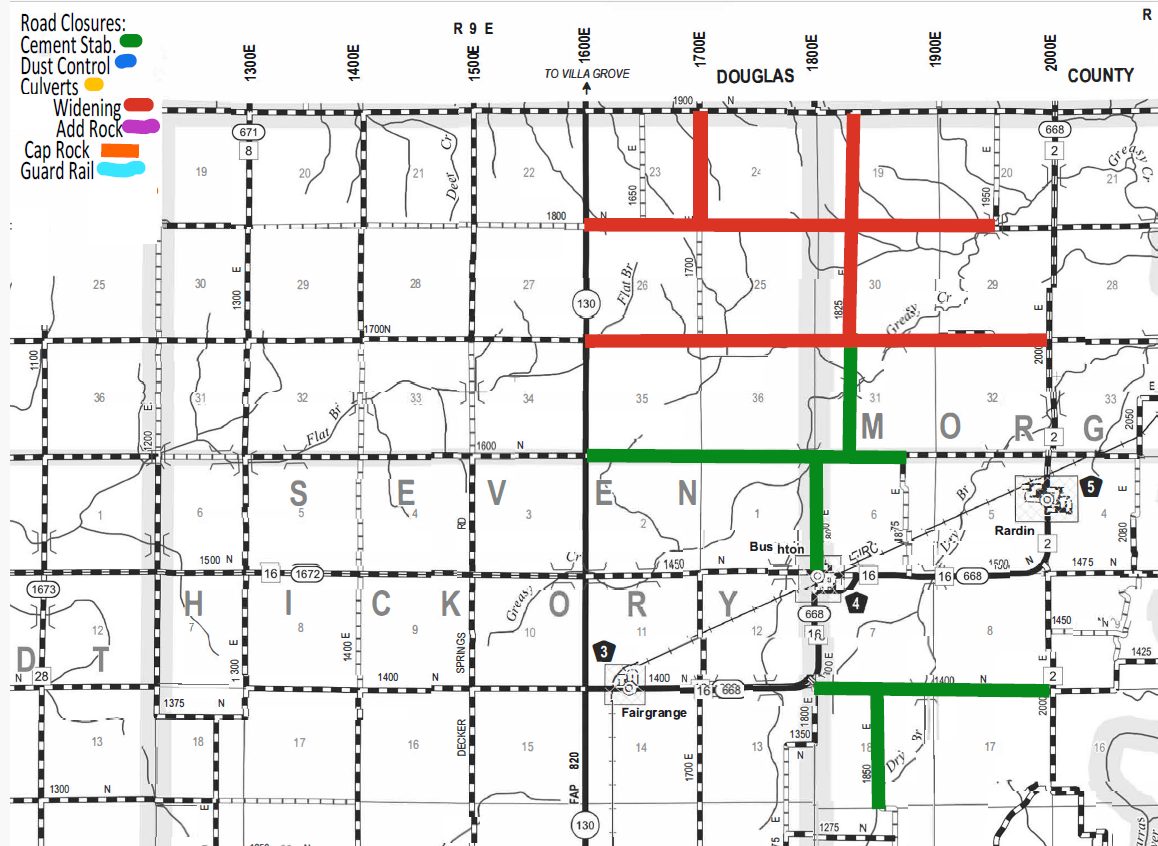 Map of road closures in parts of Douglas, Seward, and Hickory counties displaying road work types with color-coded lines: green for cement stabilization, blue for dust control, orange for culverts, red for widening, purple for adding rock, dark orange for cap rock, and light blue for guard rail. Roads are marked with grid coordinates and highway numbers, highlighting specific closures and road upgrades.