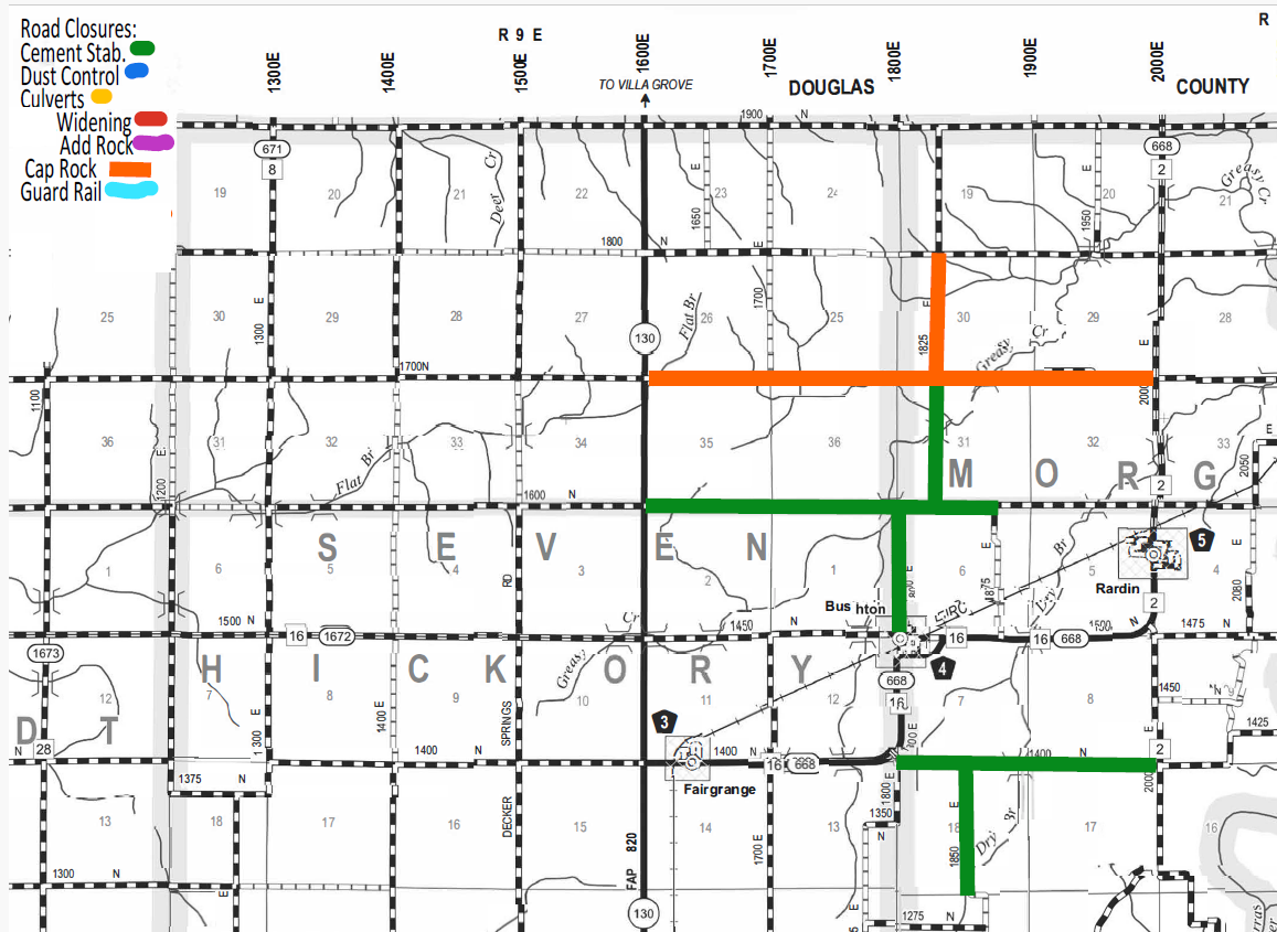 Map showing road closures in parts of Douglas, SEVEN, and MOR counties with color-coded routes for Cement Stabilization in green, Dust Control in blue, Culverts in purple, Widening in red, Add Rock in magenta, Cap Rock in orange, and Guard Rail in light blue on specific roads and intersections.