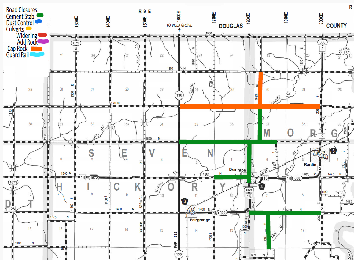 Map showing road closures and maintenance in Severn, Hickory, and Morgan areas within Douglas County with legend indicating colors for cement stabilization (green), dust control (blue), culverts (orange), widening (red), add rock (pink), cap rock (dark orange), and guard rail (light blue). Roads are numbered and show locations like Fairgrange and Bushton.