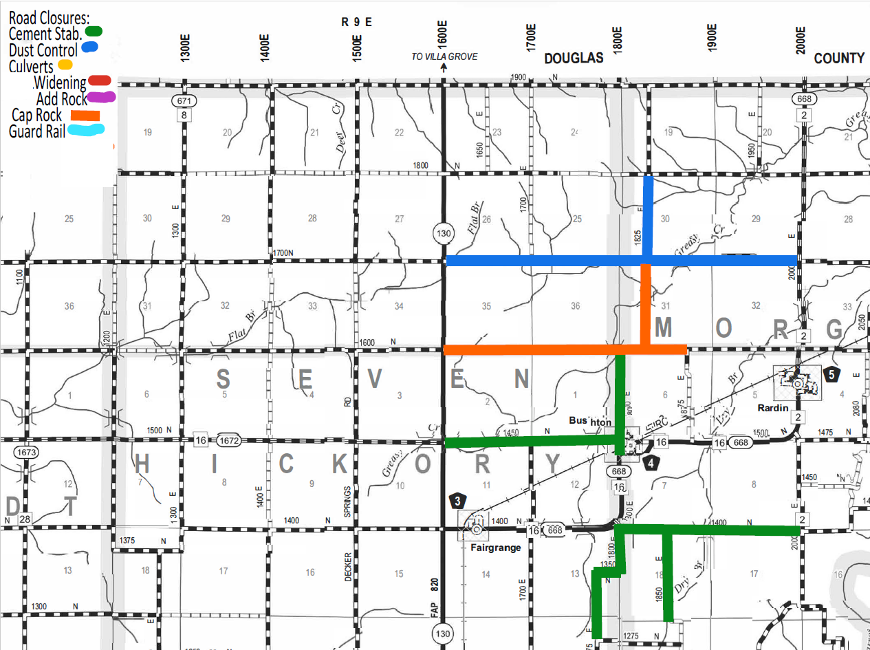 Map showing road closures in portions of Douglas, Morgan, Seven, Hickory, and other counties with colored lines indicating closure types: green for cement stabilization, blue for dust control, orange for cap rock application, red for widening, purple for adding rock, yellow for culverts, and turquoise for guard rails. Major roads and town names such as Fairgrange, Bushton, and Rardin are marked, along with route numbers and section grid lines.