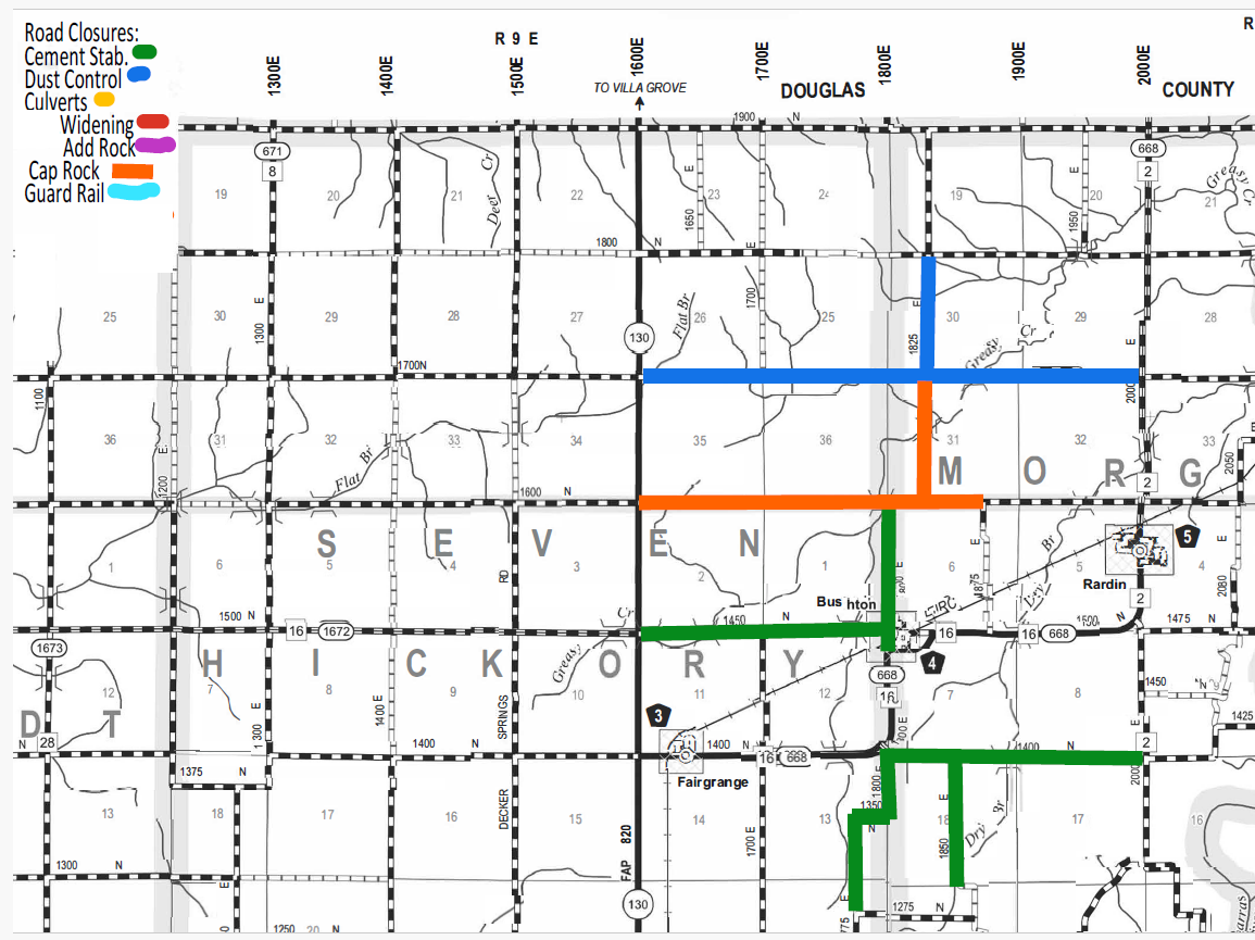 Map showing road closures and maintenance in Douglas and County regions with a legend indicating color codes: green for cement stabilization, blue for dust control, orange for culverts, red for widening, pink for adding rock, orange-red for cap rock, and light blue for guard rail. Color-coded lines highlight specific roads affected by these works, with labeled towns including Fairgrange and Rardin, roads marked with route numbers, and geographic grid coordinates.