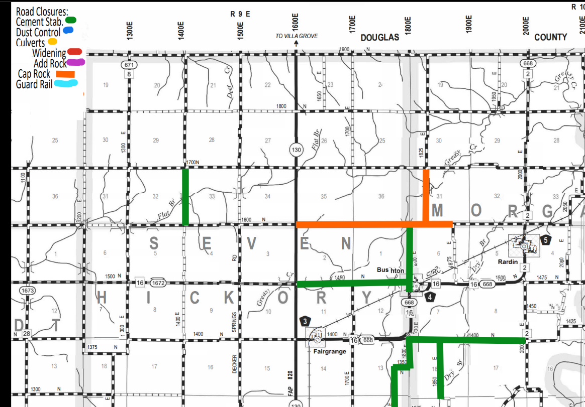 Map showing road closures and types of road work in parts of Douglas and Sedgwick counties with a legend indicating closure types: Cement Stabilization in green, Dust Control in blue, Culverts in yellow, Widening in red, Add Rock in purple, Cap Rock in orange, and Guard Rail in sky blue; highlighted green and orange roads indicate locations of cement stabilization, cap rock, and widening.