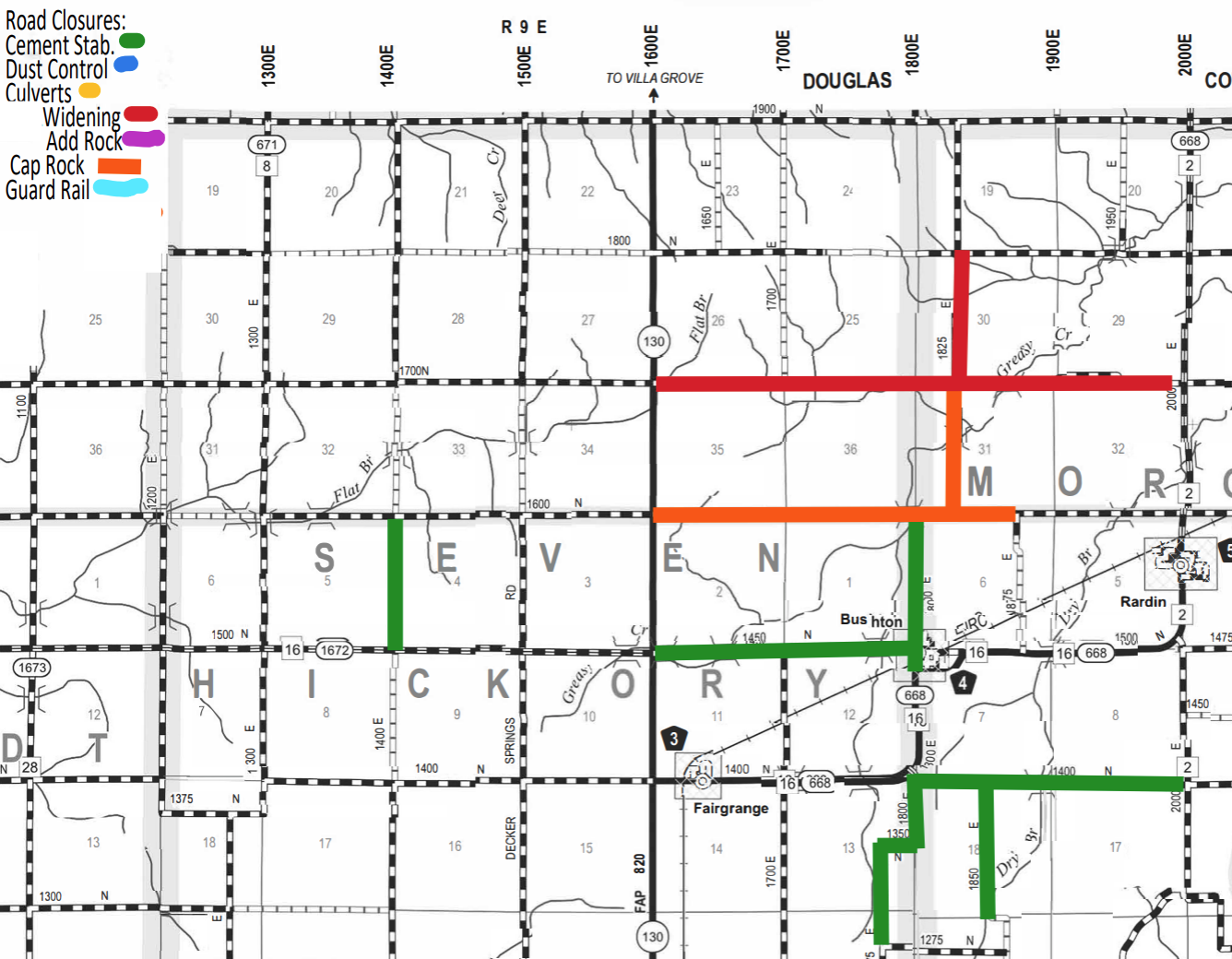 Map showing road closures in a rural area with roads marked by different colors: green for Cement Stab., blue for Dust Control, yellow for Culverts, red for Widening, purple for Add Rock, orange for Cap Rock, and light blue for Guard Rail. Roads are outlined in black and labeled with numbers and locations such as SE, VEN, M, O, R, S, H, I, C, K, O, R, Y. Key roads shown include Route 130 and Route 668 with villages like Bushton, Fairgrange, and Rardin. A note indicates a direction 'To Villa Grove'.