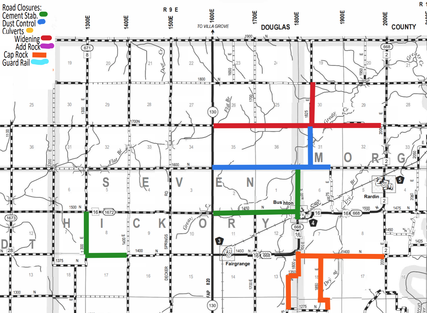 Map showing road closures in parts of Sever, Morgan, Hickory, and other counties with color-coded lines indicating different types of road work: red for widening, purple for adding rock, orange for cap rock, green for cement stabilization, blue for dust control, and light blue for guard rail; key roads and highways with grid labels and markers for towns including Fairgrange, Bushton, and Rardin are displayed.