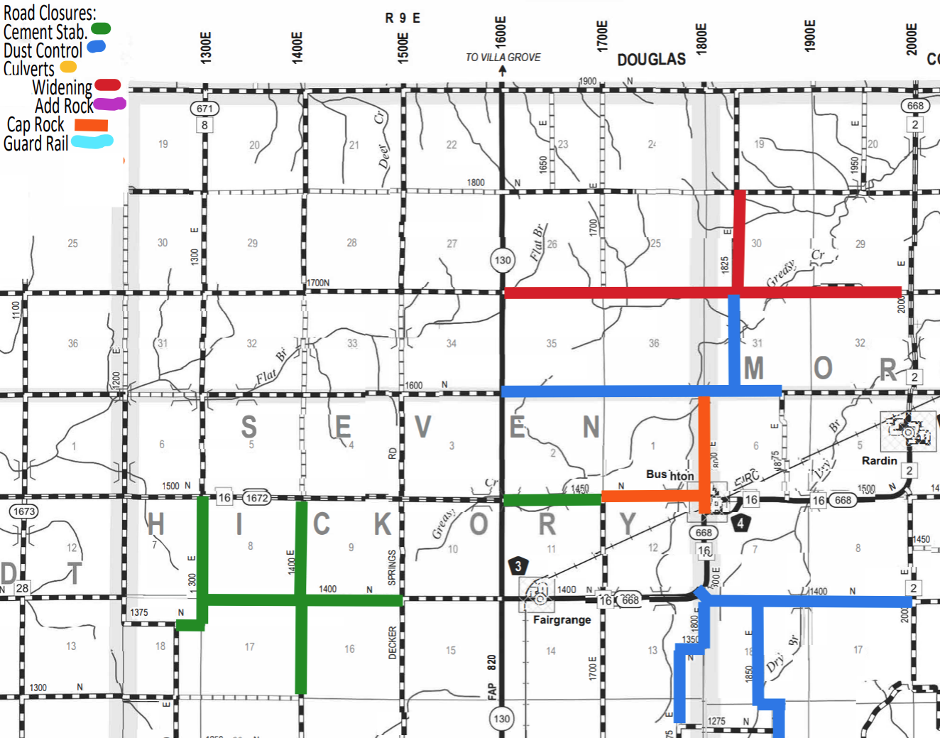 Map showing road closures in Douglas and Hickory counties with color-coded lines: green for cement stabilization, blue for dust control, yellow for culverts, red for widening, purple for adding rock, orange for cap rock, and cyan for guard rail. Roads are marked by section numbers and coordinates with major highways and routes labeled, including 130, 668, 16, and 1300 E.