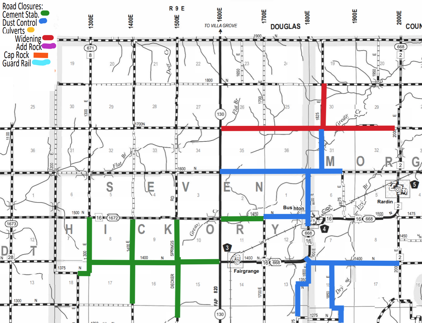 Map showing road closures with color-coded legend: green for Cement Stab, blue for Dust Control, orange for Culverts, red for Widening, magenta for Add Rock, and light blue for Cap Rock Guard Rail. Roads in areas labeled Hickory, Seven Morgan, and Douglas are marked with these colors indicating different types of road work or closures.