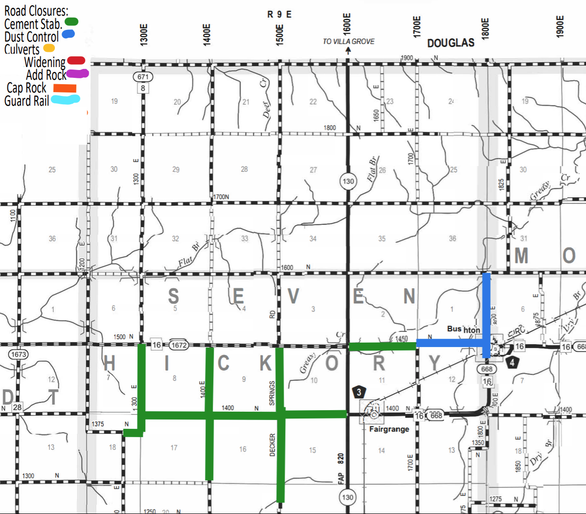 Black and white road map showing Douglas, Hickory, and other regions with major roads marked. Roads under cement stabilization closure are highlighted in green, dust control closures in blue. A key on the upper left defines colors for road closures including cement stab (green), dust control (blue), culverts (yellow), widening (red), add rock (purple), cap rock (orange), and guard rail (light blue). Key roads include labeled highways 16, 130, and others, with Fairgrange and Bushton marked towns. The map outlines township grid with sections and major vertical roads with coordinates.