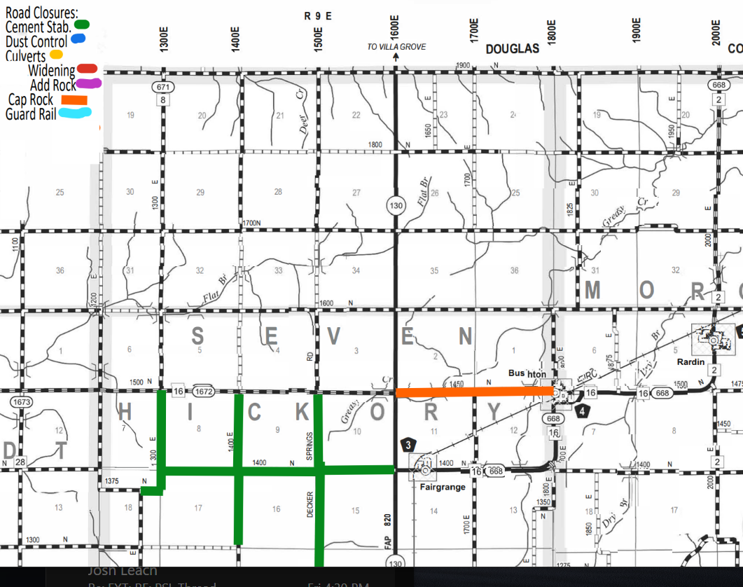 Map of road closures in Hickory and Seven counties showing different types of closures: green for cement stabilization roads, blue for dust control, orange for culverts, red for widening, purple for adding rock, pink for cap rock, and light blue for guard rail. Major roads and grid lines are labeled with numbers and directions, including highways 16, 130, and 668, and towns Fairgrange and Bushton. The legend appears in the top left corner with color codes for each road closure type.