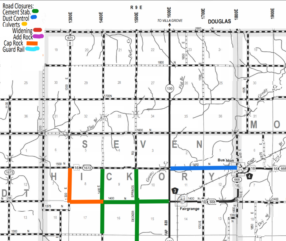 Map showing road closures with a key indicating different types: green lines for cement stabilization, blue lines for dust control, yellow dots for culverts, red lines for widening, purple lines for adding rock, pink lines for cap rock, and light blue lines for guard rail. The map focuses on areas around Hickory, Seven, and Douglas with marked roads and highways including route numbers 16, 130, and 668.