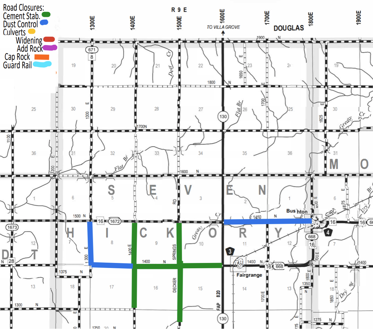 Map of road closures in Hickory, showing various types of road work including cement stabilization marked in green and dust control marked in blue on specific road sections near Fairgrange and Bushton in Douglas and Stevens counties.