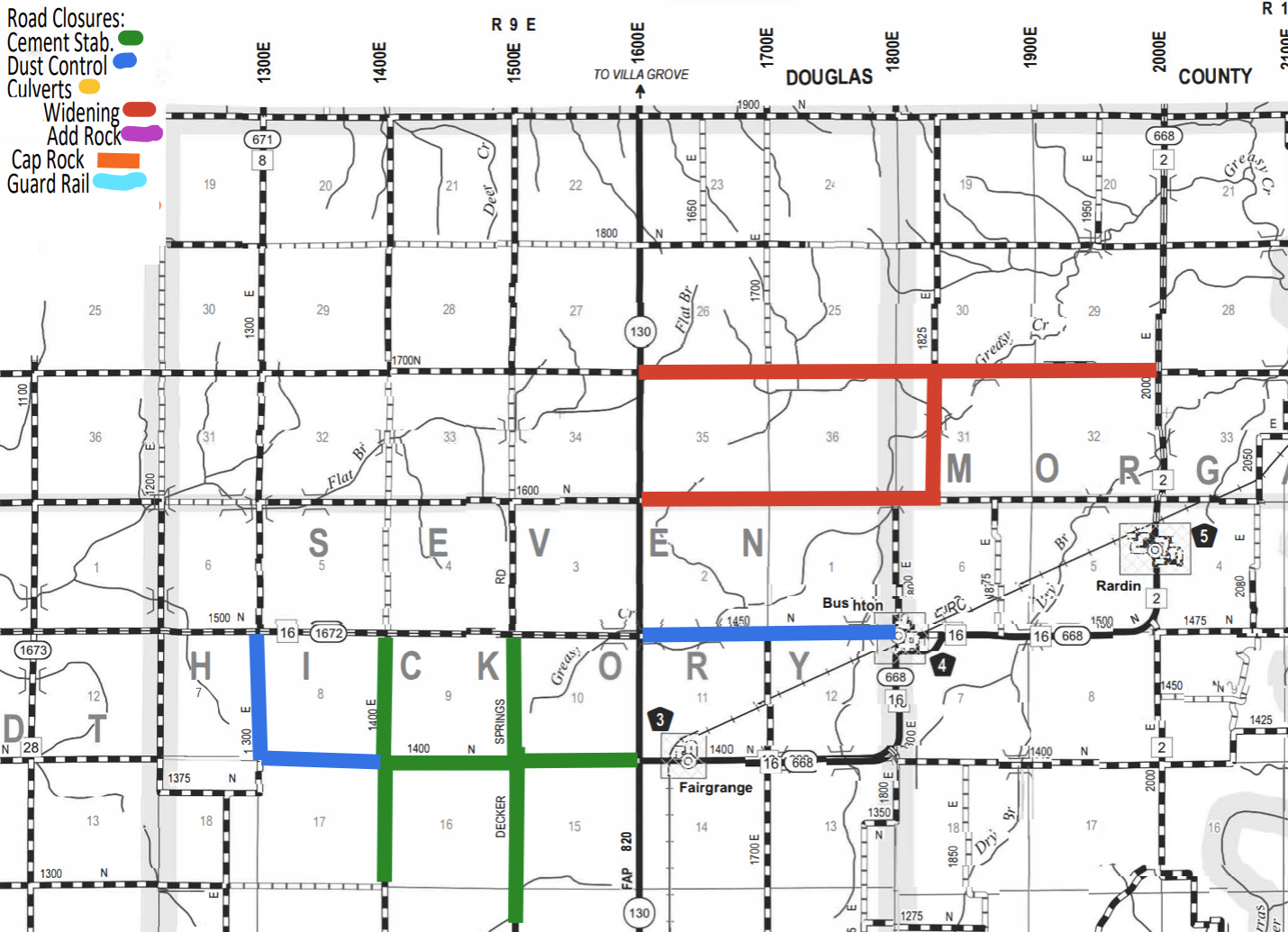 Map highlighting road closures in a region crossing Douglas and Morgan counties with roads marked in different colors: green for Cement Stab, blue for Dust Control, yellow for Culverts, red for Widening, pink for Add Rock, orange for Cap Rock, and light blue for Guard Rail. Towns named Huston, Rardin, and Fairgrange are noted along with several numbered routes and roads with grid labels and directional markings.