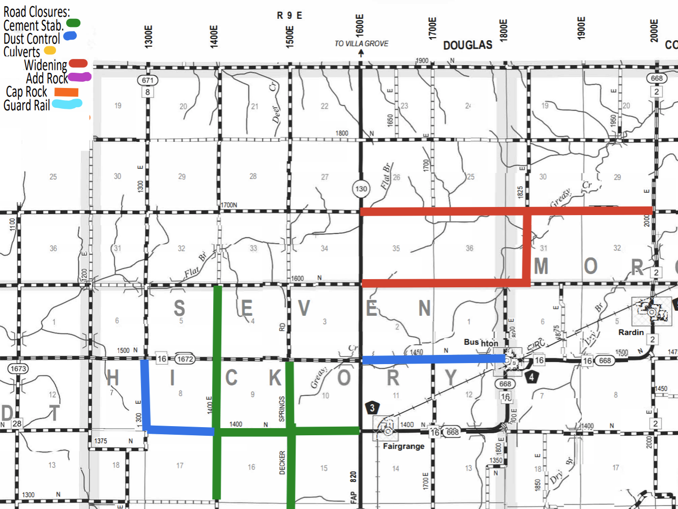 Map showing road closures by types: Cement Stabilization in green, Dust Control in blue, Culverts in yellow, Widening in red, Add Rock in magenta, Cap Rock in orange, and Guard Rail in light blue, across various numbered and named roads within Douglas County near towns like Fairgrange, Bushton, and Rardin.