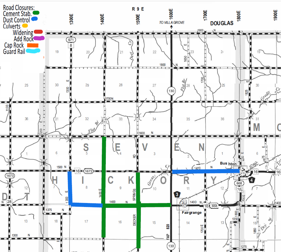 Map showing road closures marked by colors and types: Cement Stabilization in green, Dust Control in blue, Culverts in orange, Widening in red, Add Rock in purple, Cap Rock in brown, Guard Rail in light blue. The map focuses on Seven Hickory area with roads labeled by numbers and directions including 1300E, 1400E, 1500E, and others.
